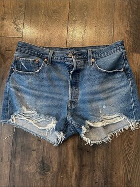 Levi's Distressed Dark Blue High-Rise Denim Shorts